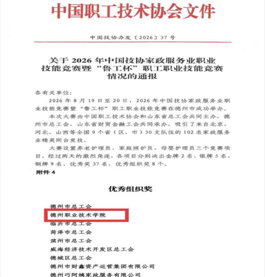 德州职业技术学院获2026年中国技协家政服务业职业技能竞赛暨“鲁工杯”职工职业技能竞赛优秀组织奖